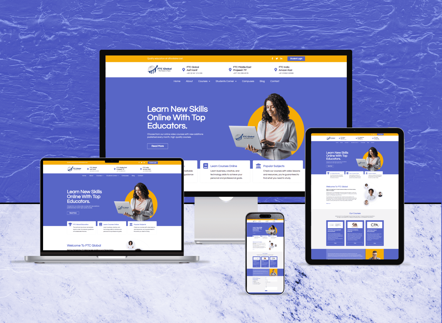 Full-page preview of the FTC Global website showcasing online courses, professional certifications such as CMA, CIA, and CPA, and education services.