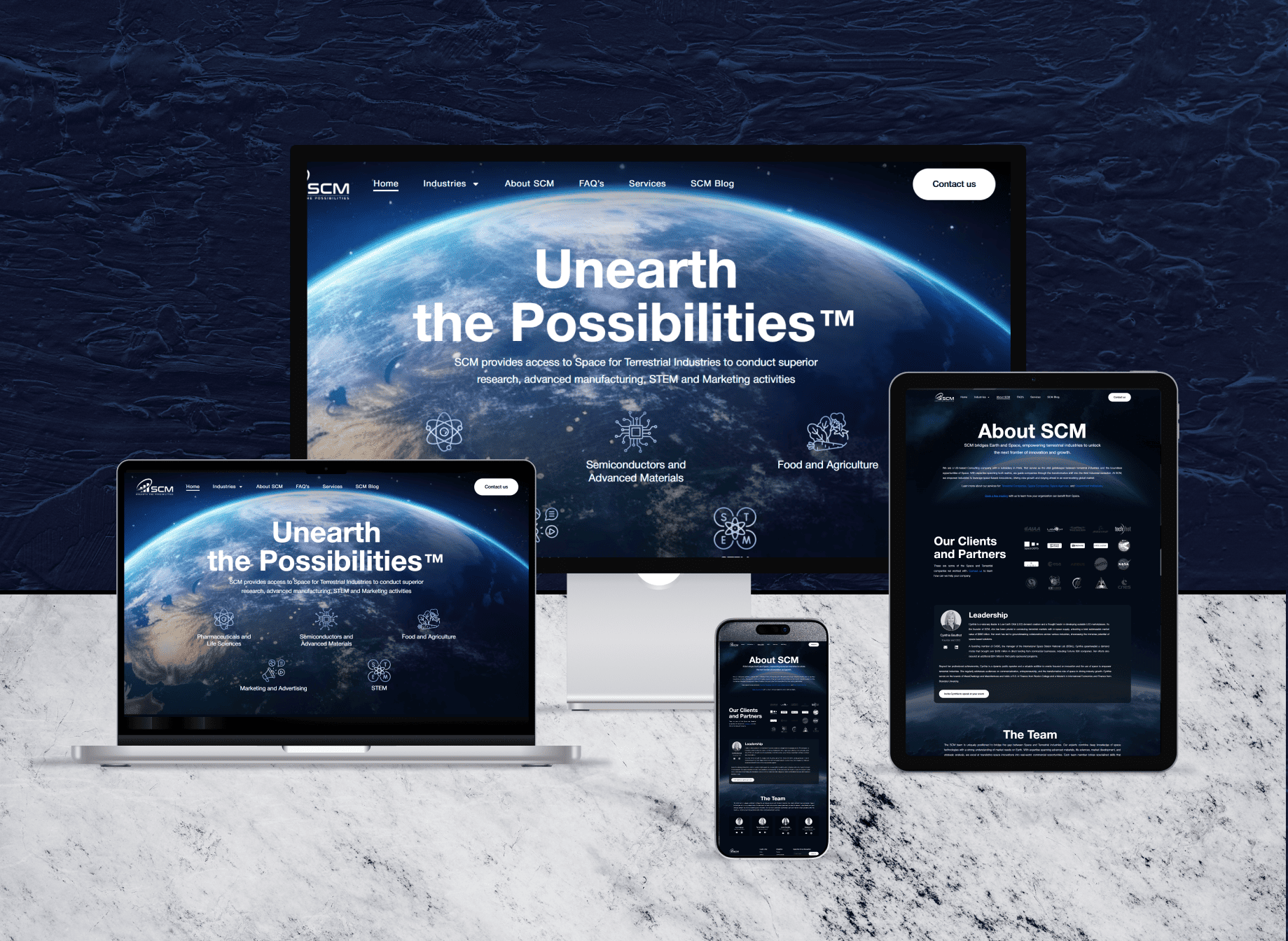 Full-page preview of the SpaceMatters (SCM) website showcasing space access for terrestrial industries, advanced research, manufacturing, and STEM activities.