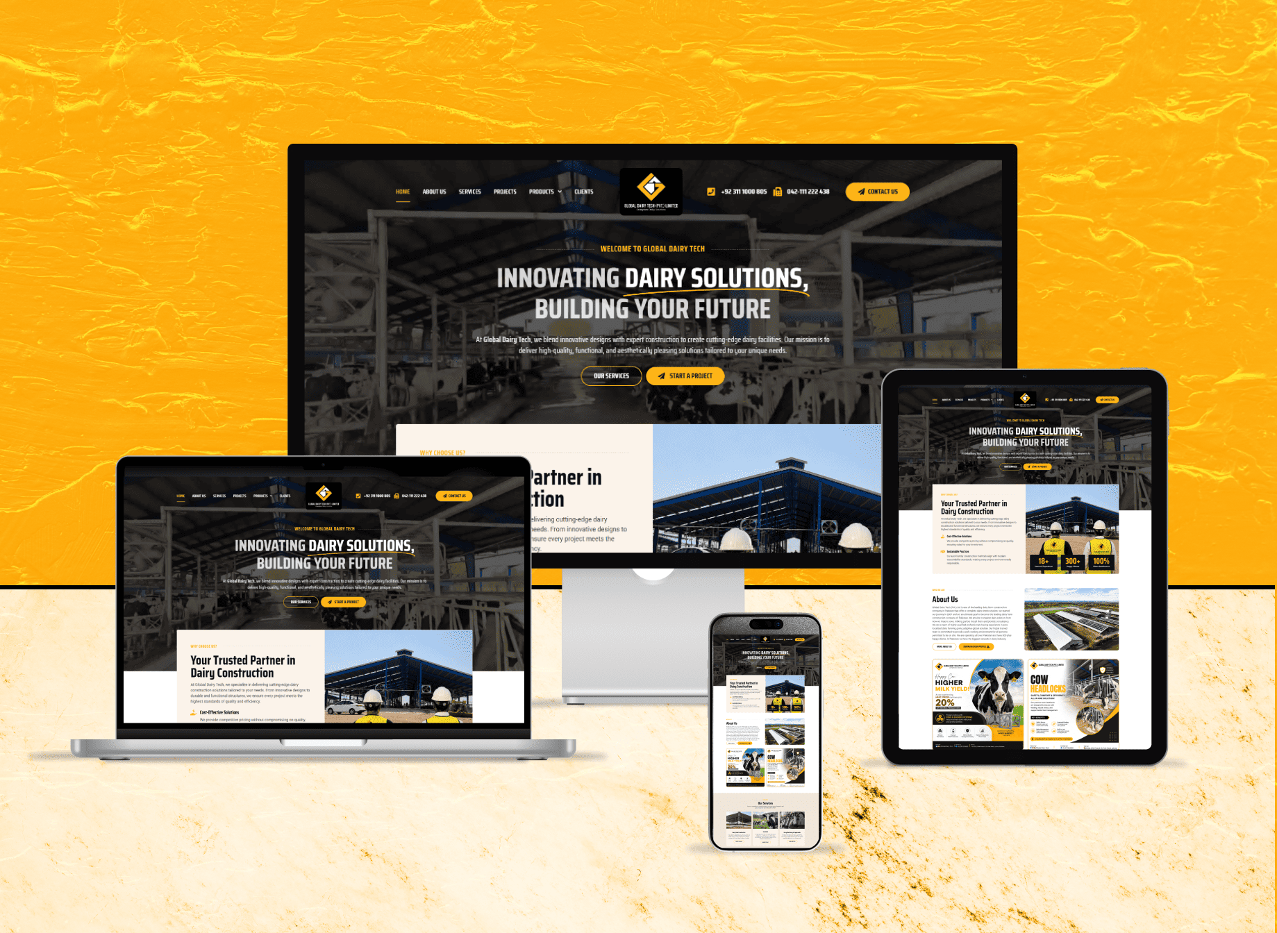 Full-page preview of the Global Dairy Tech website showcasing innovative dairy solutions, dairy construction, and modern farm equipment.