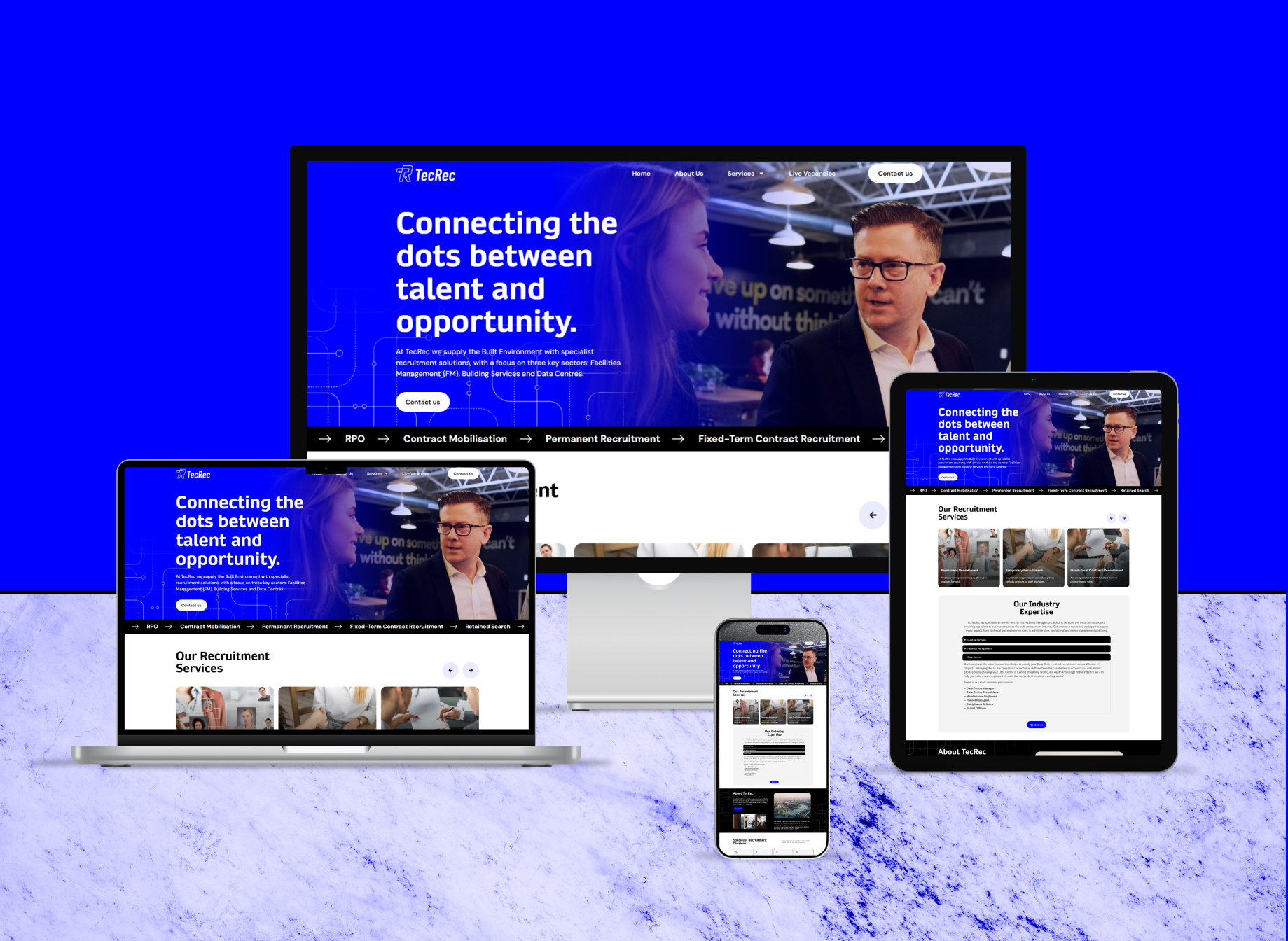 Full-page preview of the TecRec website showcasing talent and opportunity connections, recruitment services, and specialist divisions.