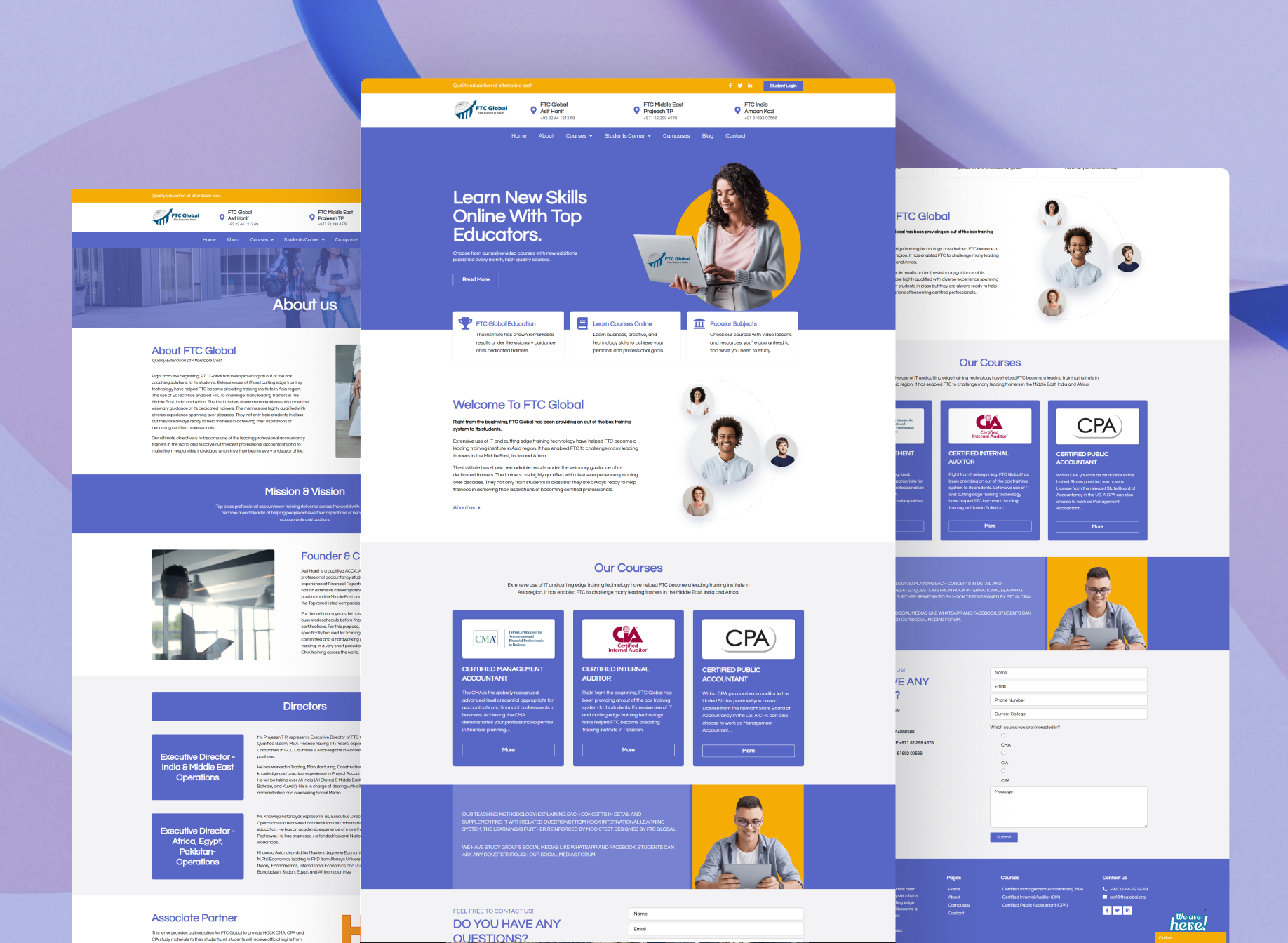Full-page preview of the FTC Global website showcasing online courses, professional certifications such as CMA, CIA, and CPA, and education services.