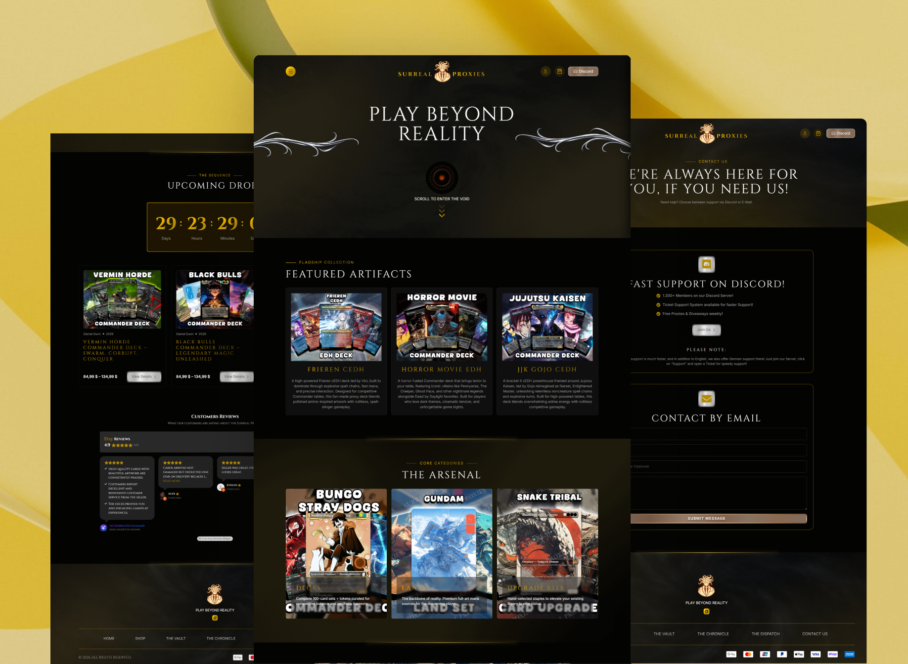 Full-page preview of the Surreal Proxies website showcasing custom card decks, featured artifacts, and upcoming drops.