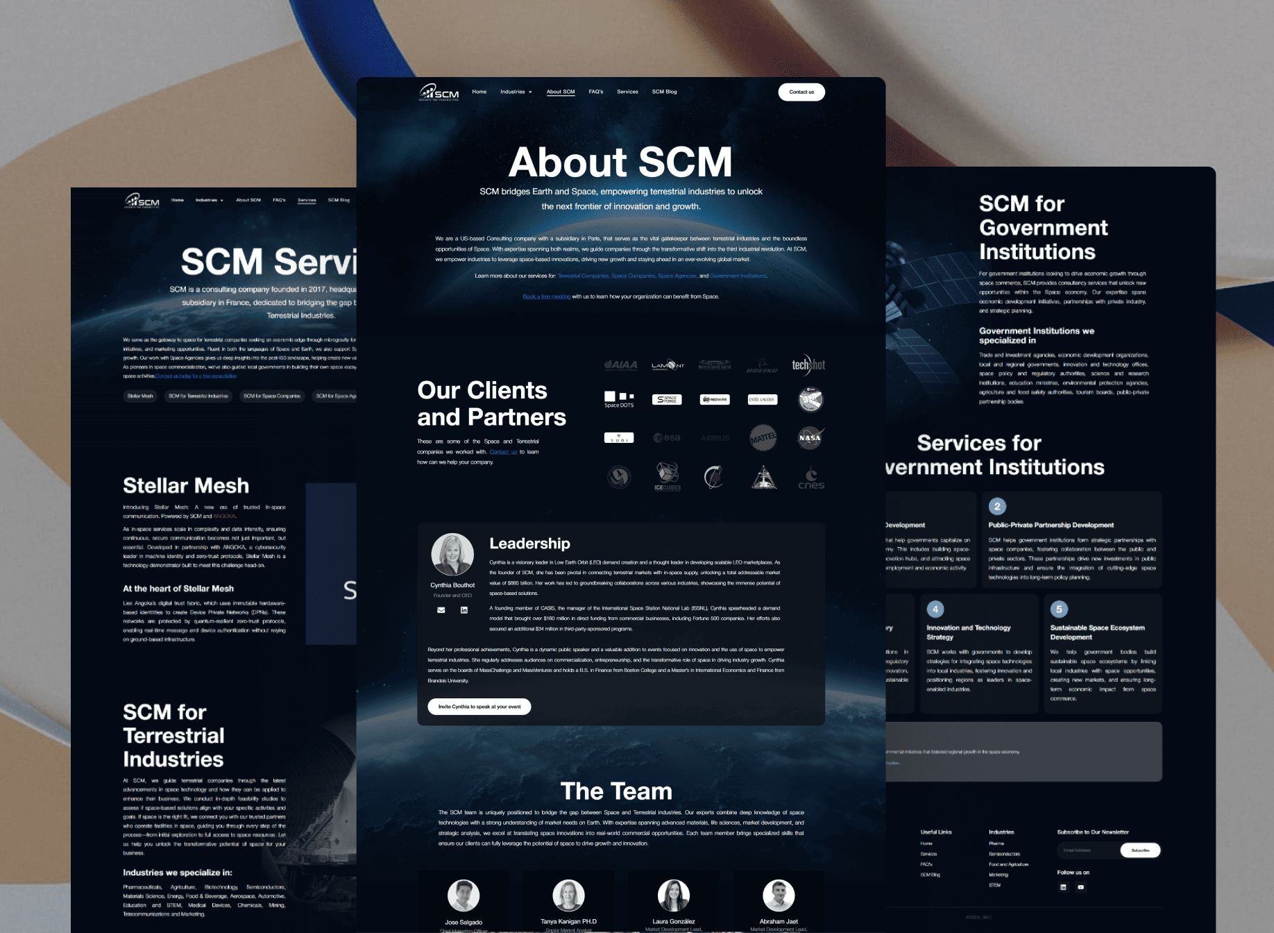 Full-page preview of the SpaceMatters (SCM) website showcasing space access for terrestrial industries, advanced research, manufacturing, and STEM activities.