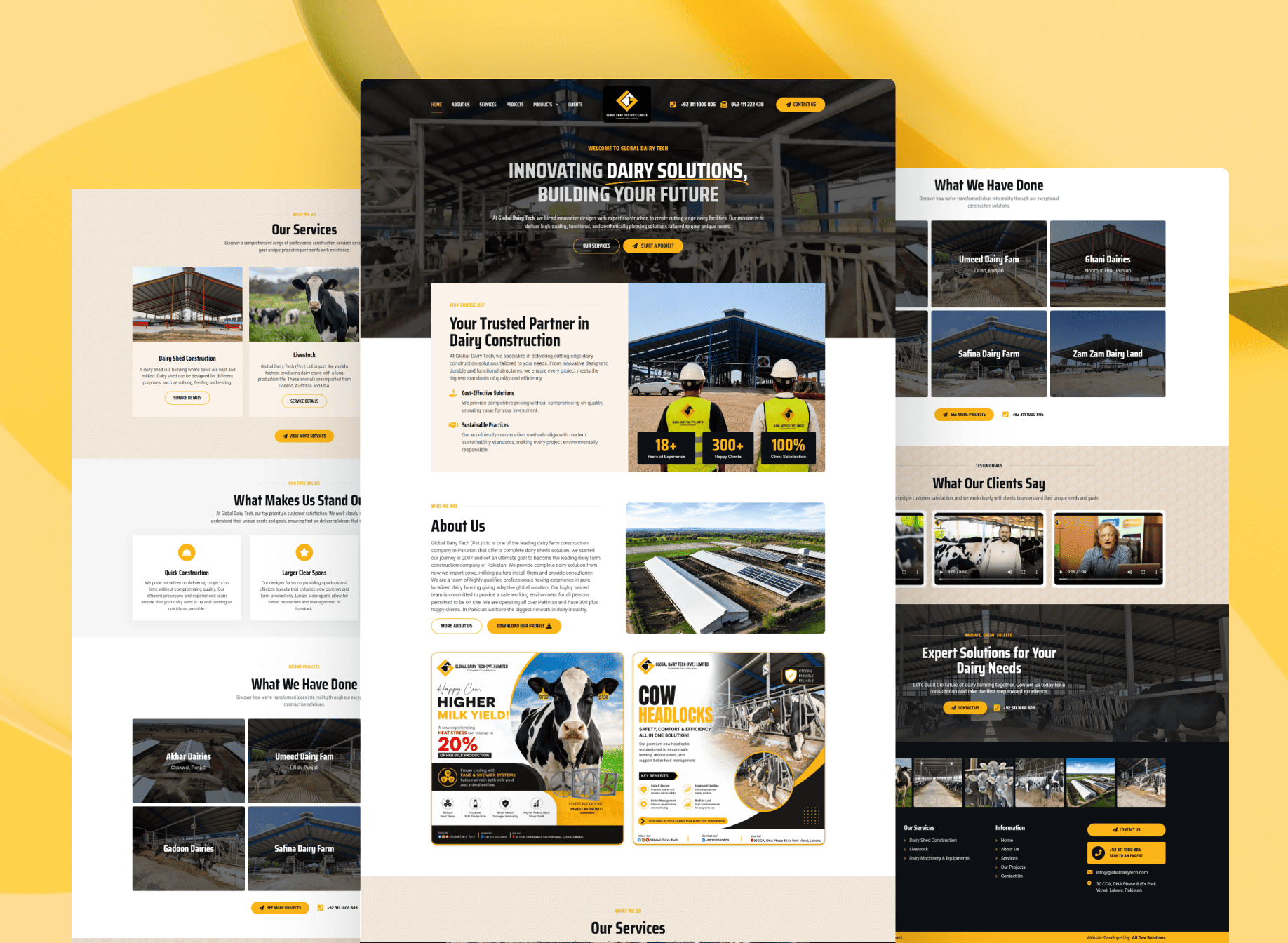 Full-page preview of the Global Dairy Tech website showcasing innovative dairy solutions, dairy construction, and modern farm equipment.