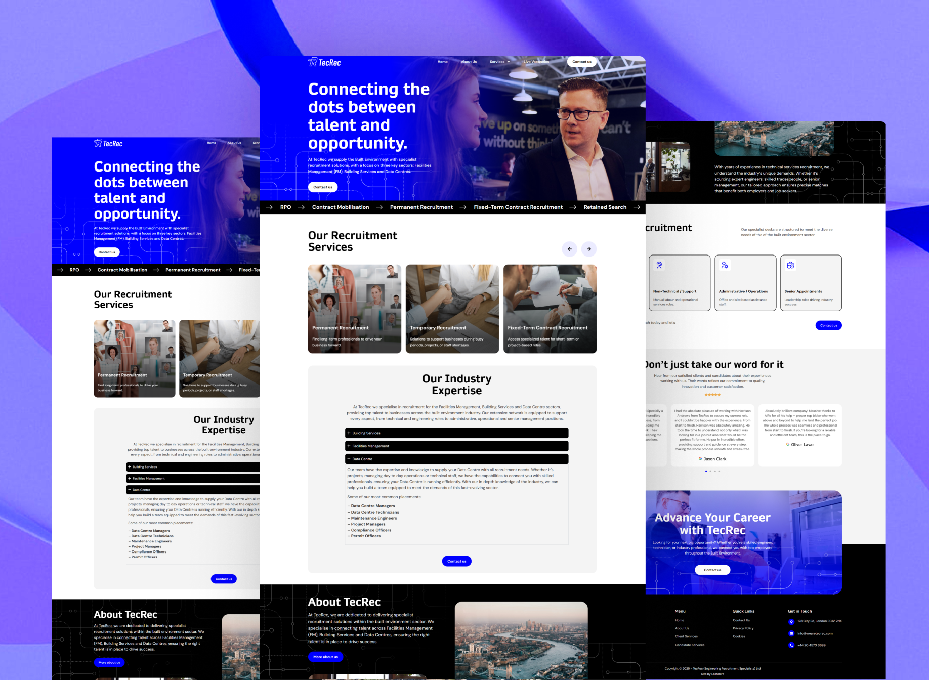 Full-page preview of the TecRec website showcasing talent and opportunity connections, recruitment services, and specialist divisions.