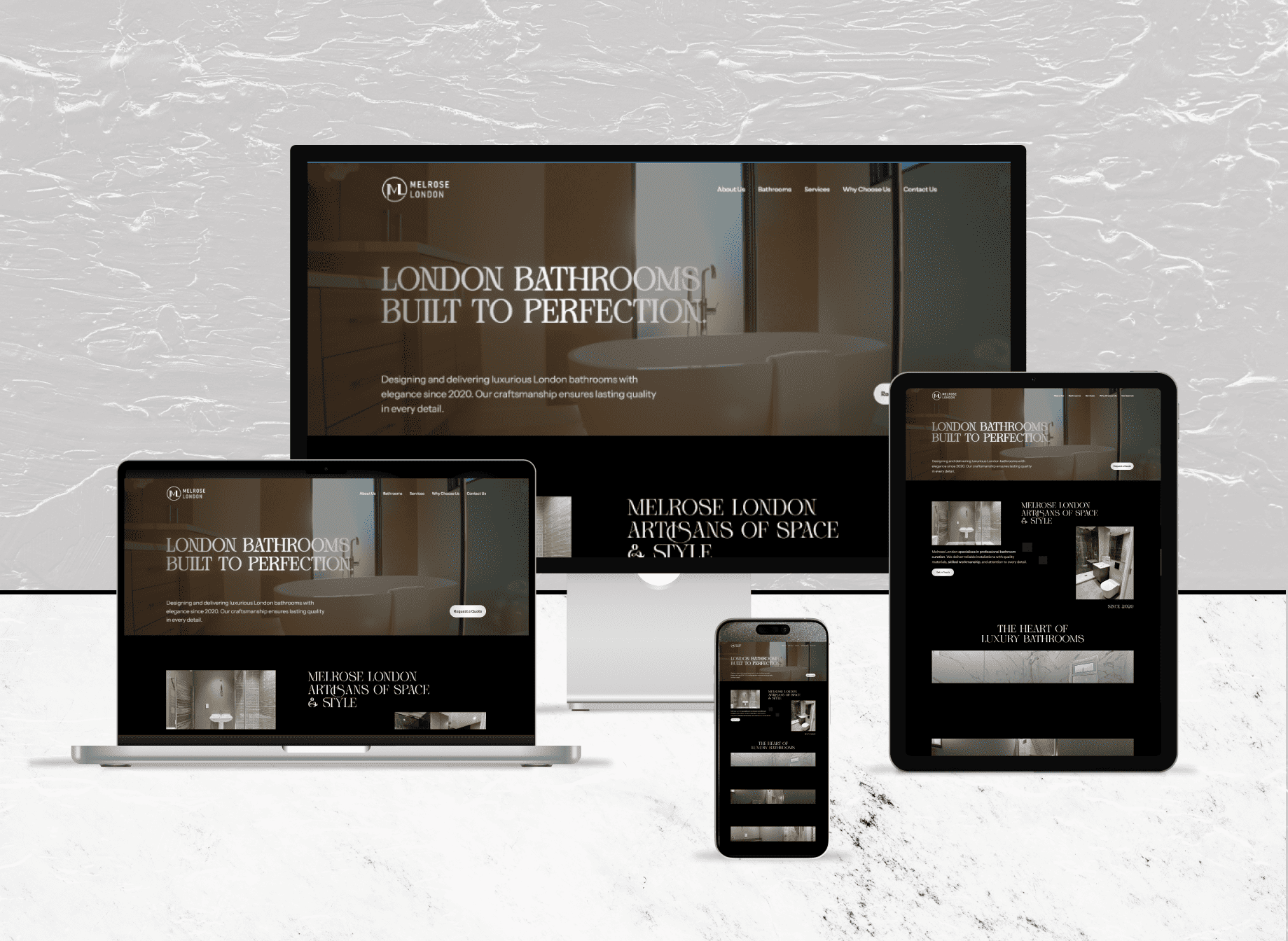 Full-page preview of the Melrose London website showcasing luxury bathroom design, artisan craftsmanship, and high-end interior renovations.