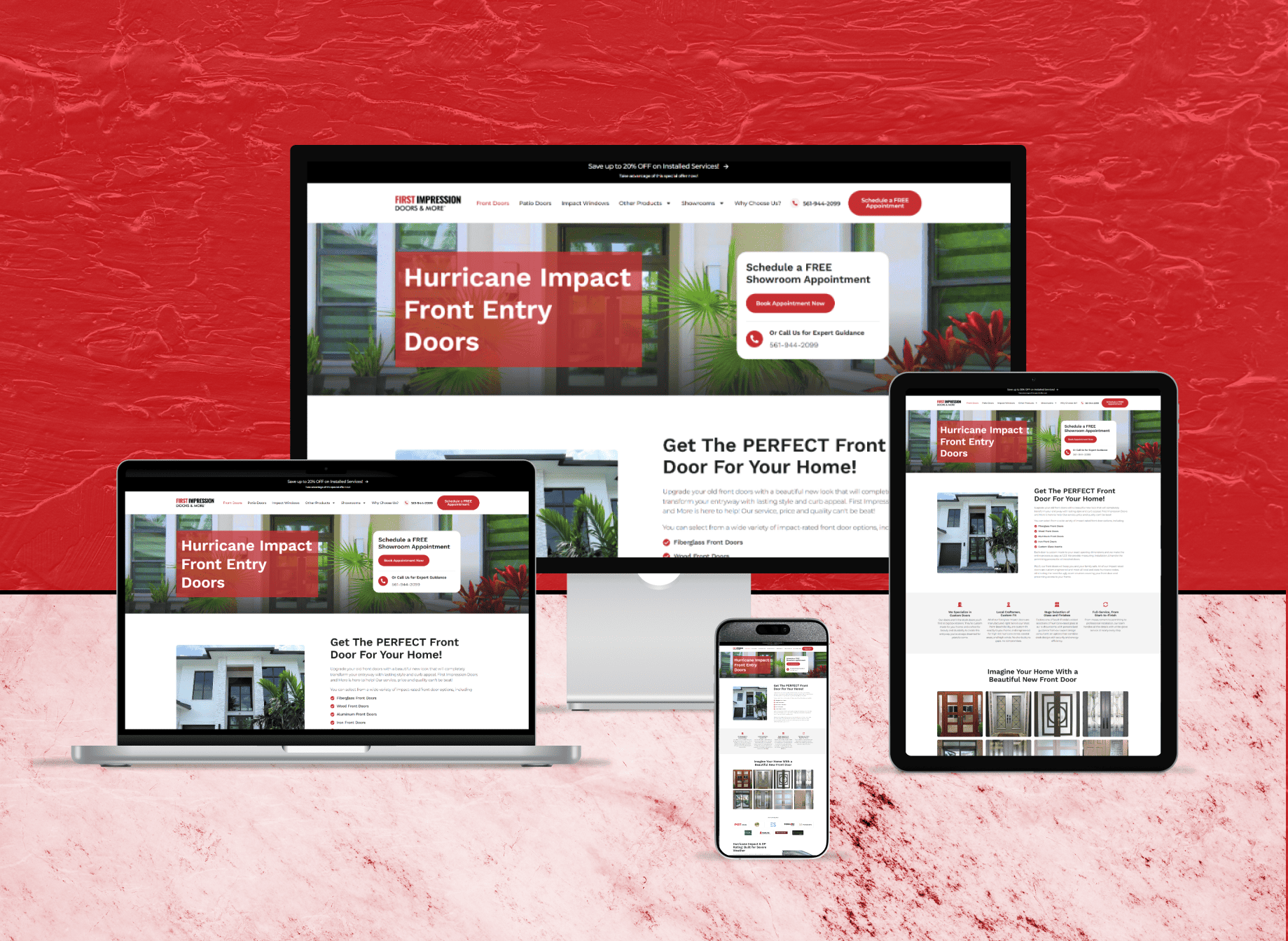 Full-page preview of the Florida Doors website showcasing hurricane impact front entry doors, severe weather ratings, and custom installations.