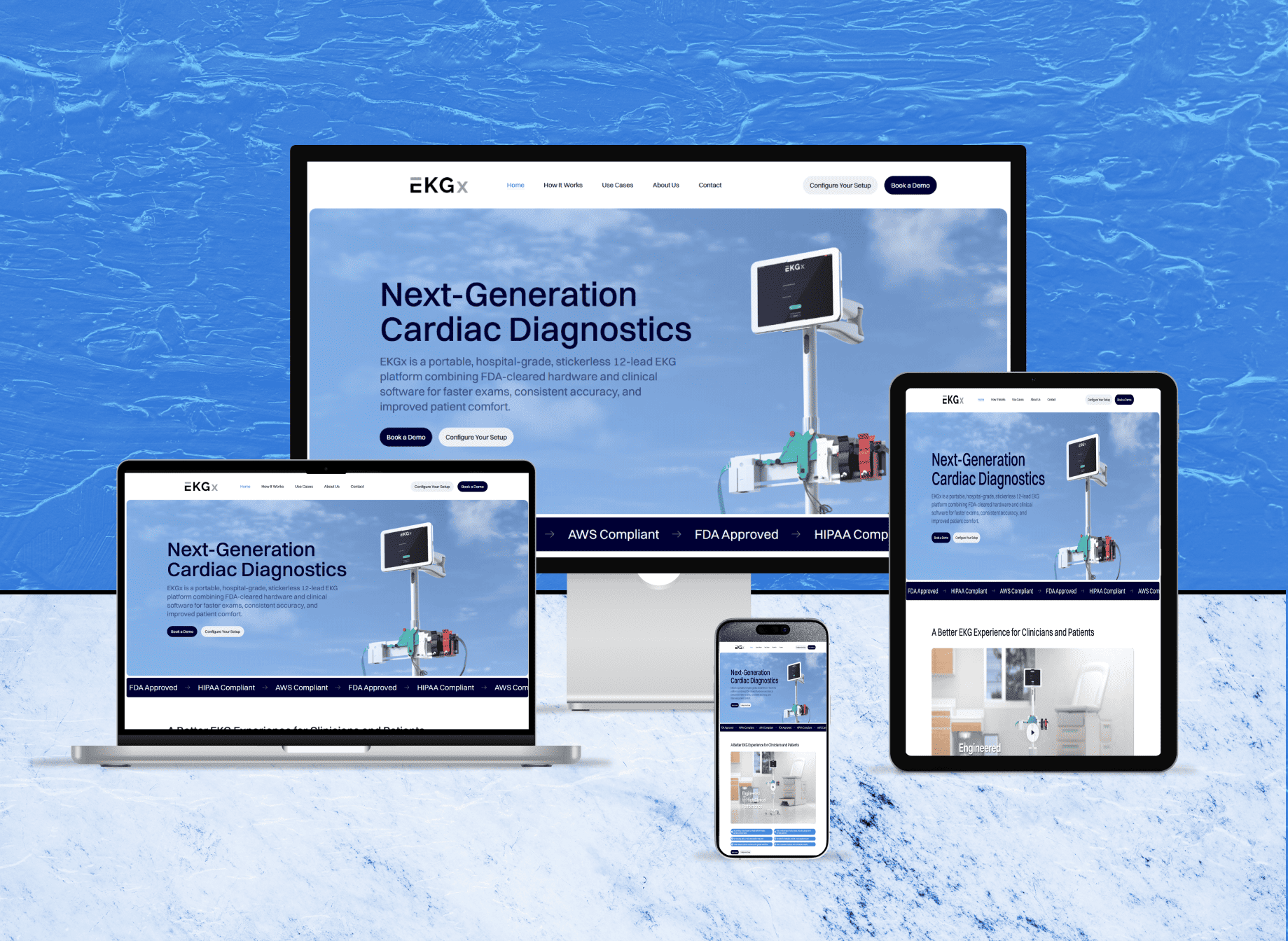 Full-page preview of the EKGX website showcasing next-generation cardiac diagnostics, FDA-approved devices, and clinical workflow integration.