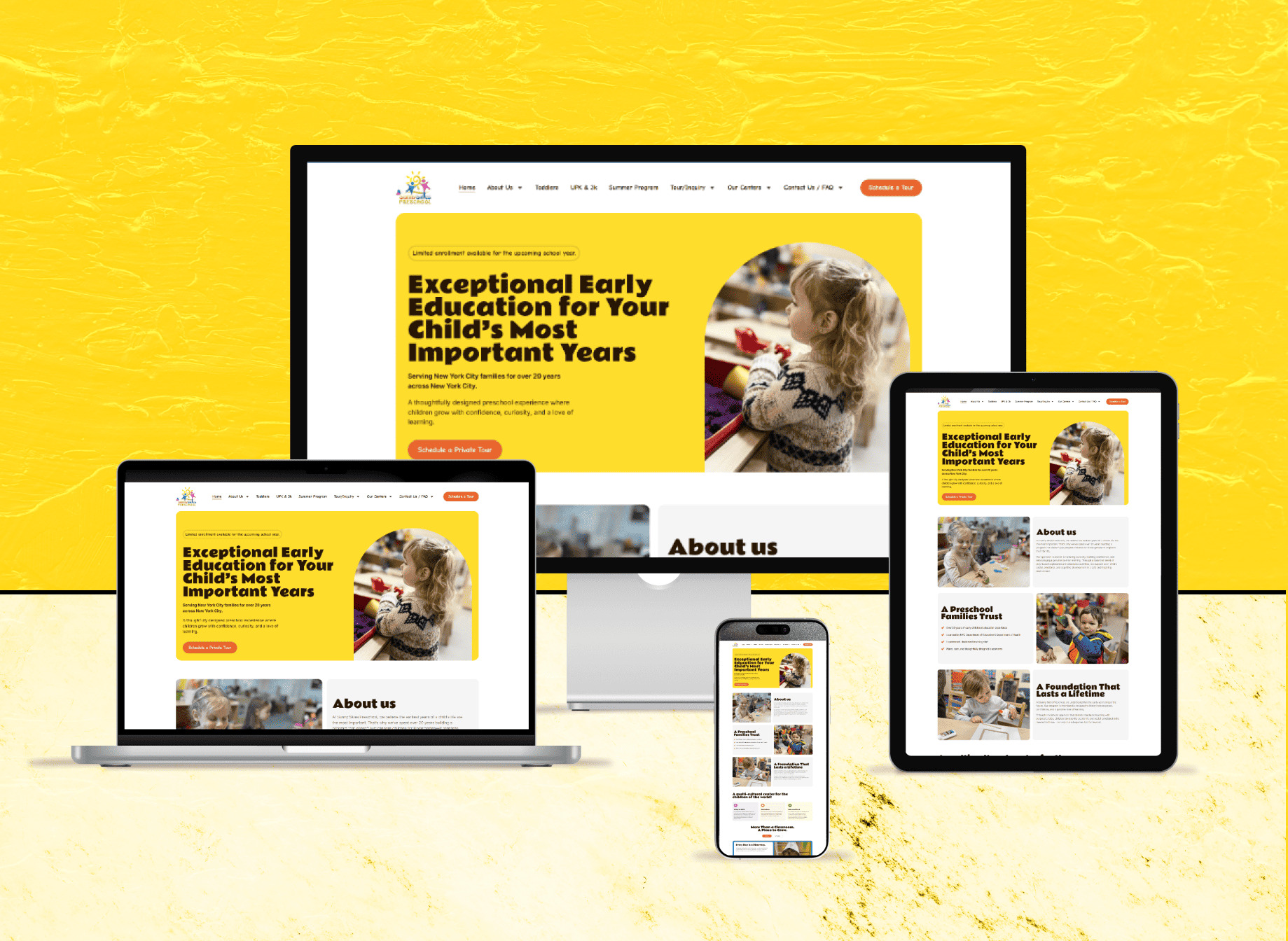 Full-page preview of the Sunny Skies Preschool website showcasing early childhood education, tailored toddler programs, and multicultural learning environments in New York City.