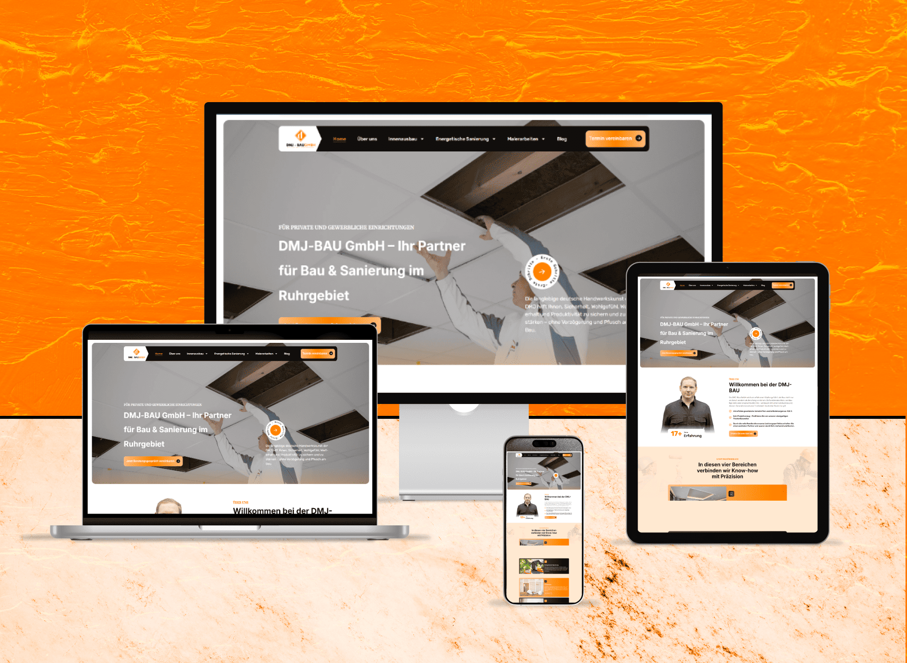 Full-page preview of the DMJ-BAU GmbH website showcasing construction, interior finishing, renovation, and craftsmanship services.