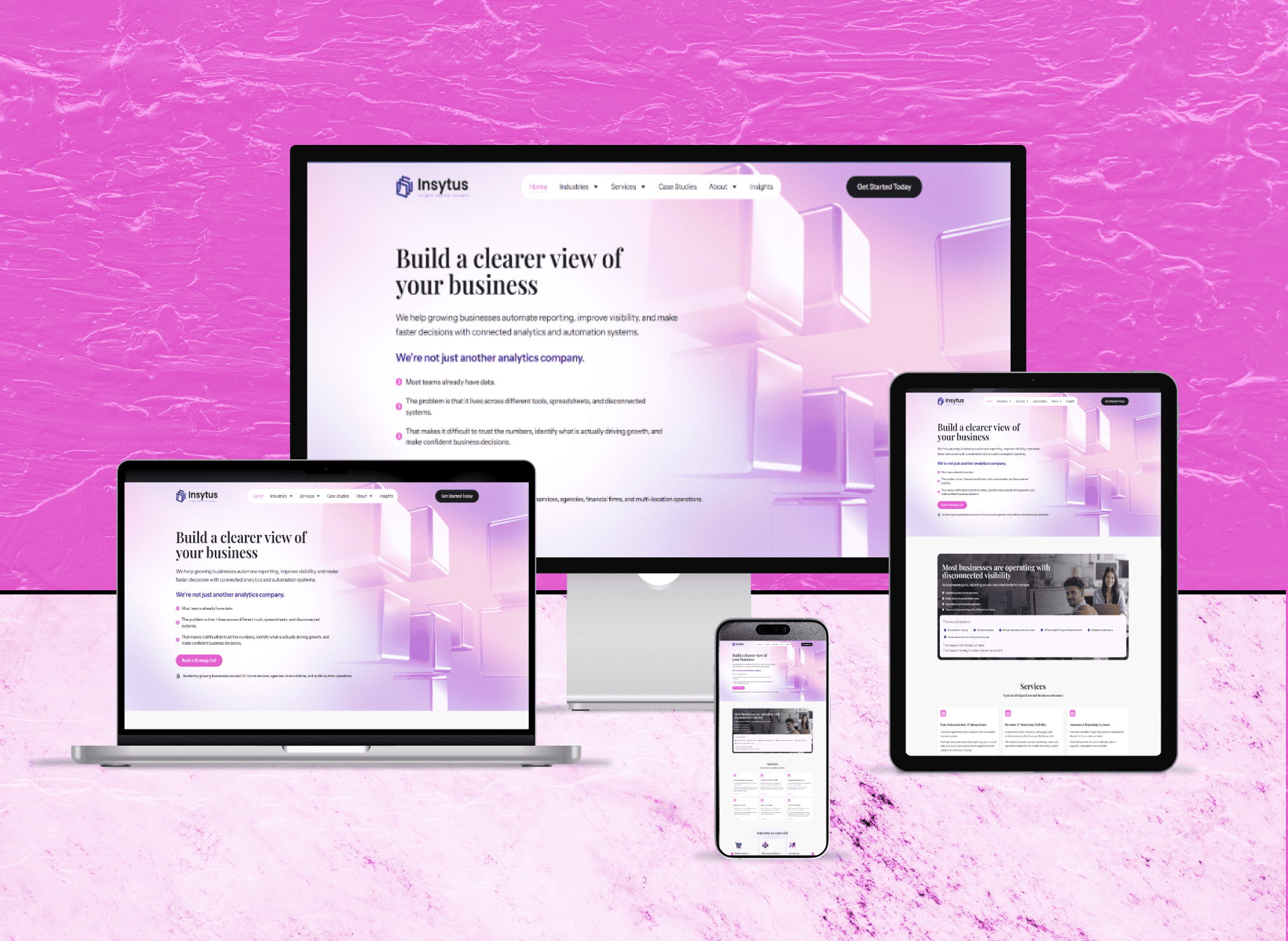 Full-page preview of the Insytus website showcasing business intelligence, data analytics, dashboards, and reporting services.