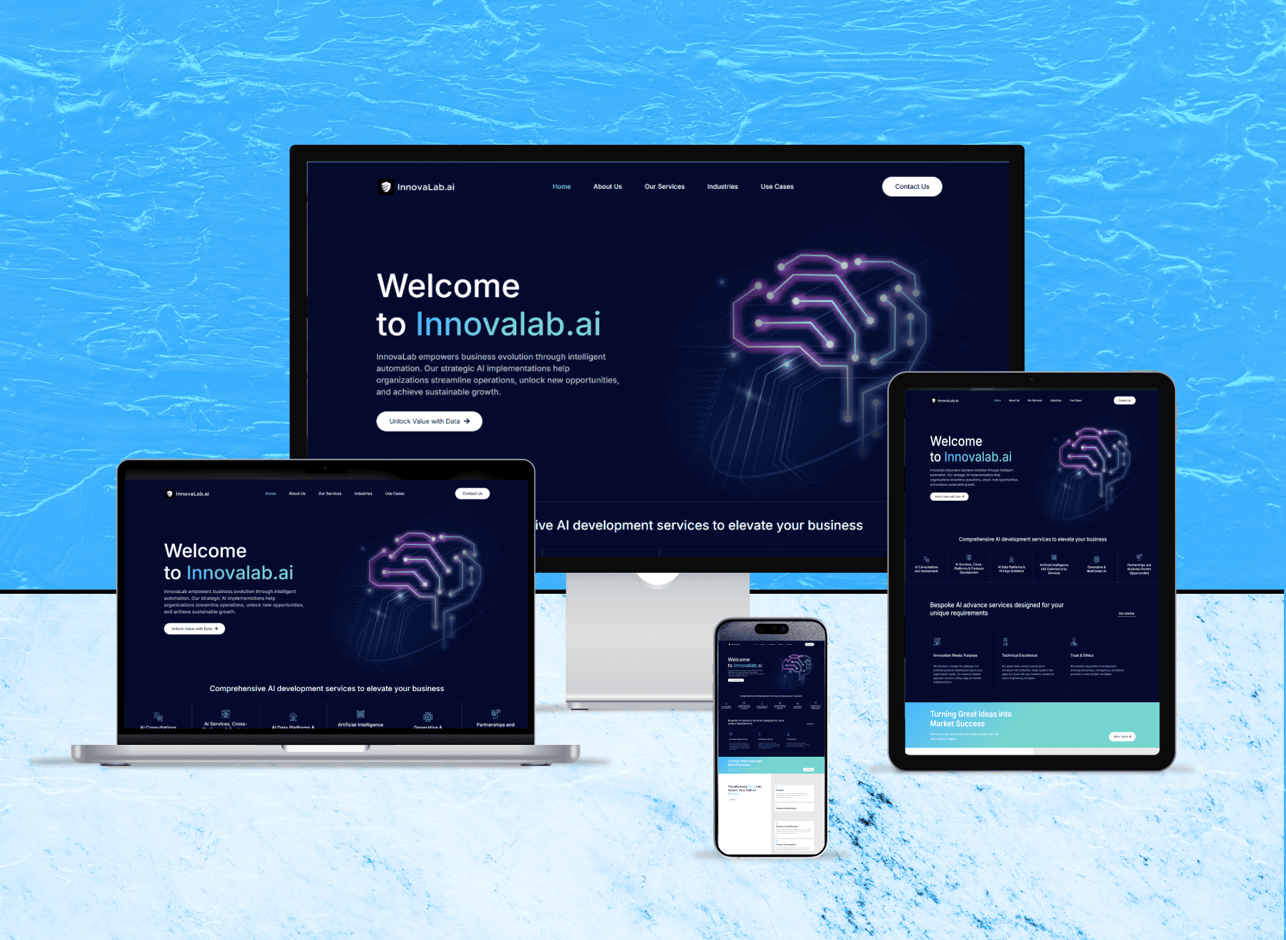 Full-page preview of the Innovalab.ai website showcasing artificial intelligence development services, machine learning solutions, and bespoke tech breakthroughs.