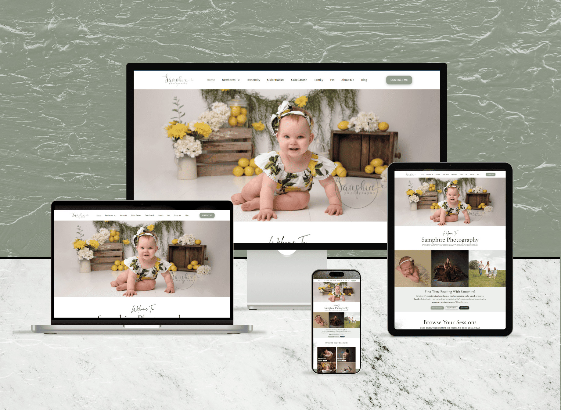 Full-page preview of the Samphire Photography website showcasing newborn, maternity, baby, and family portrait sessions.