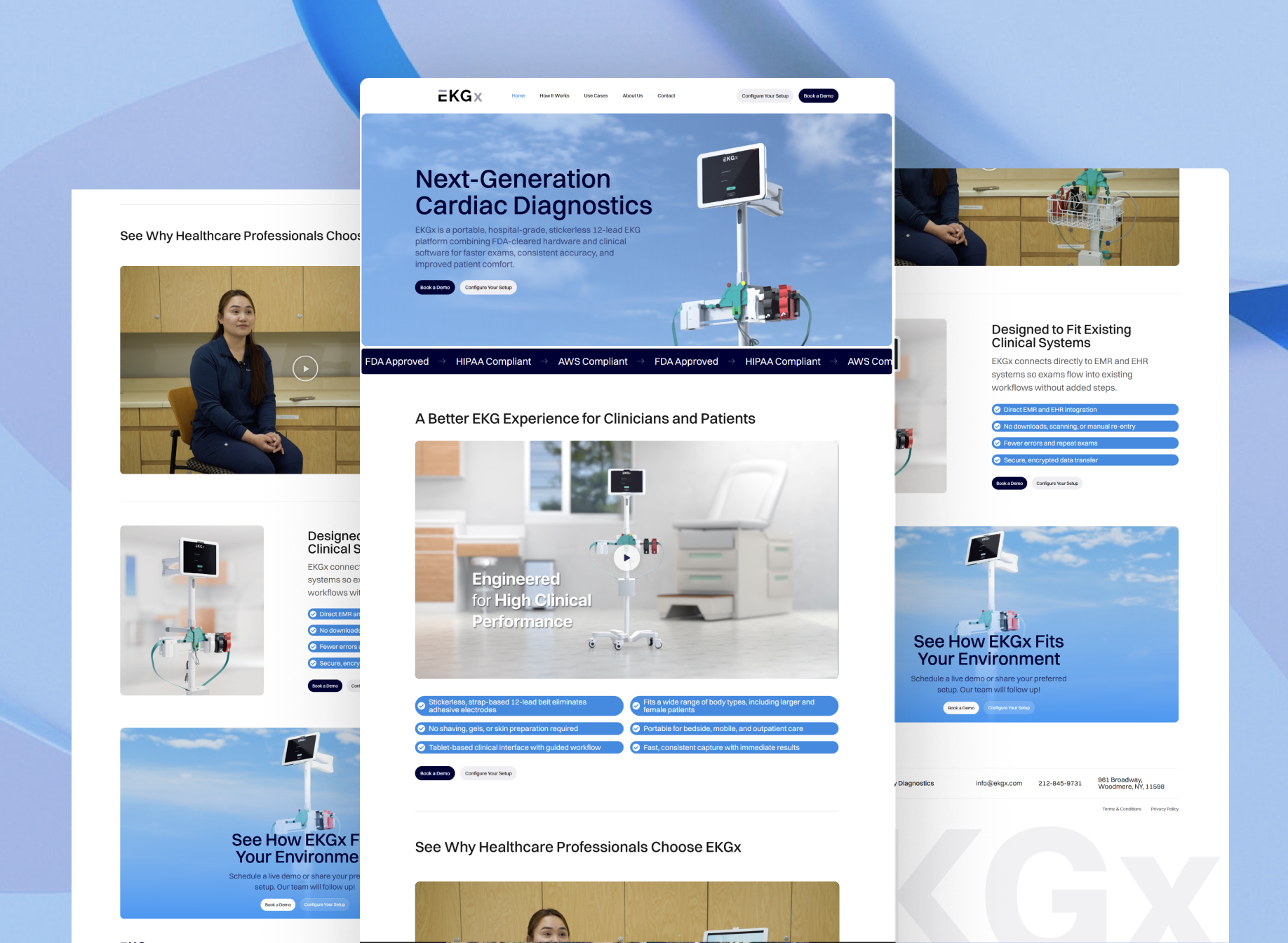Full-page preview of the EKGX website showcasing next-generation cardiac diagnostics, FDA-approved devices, and clinical workflow integration.