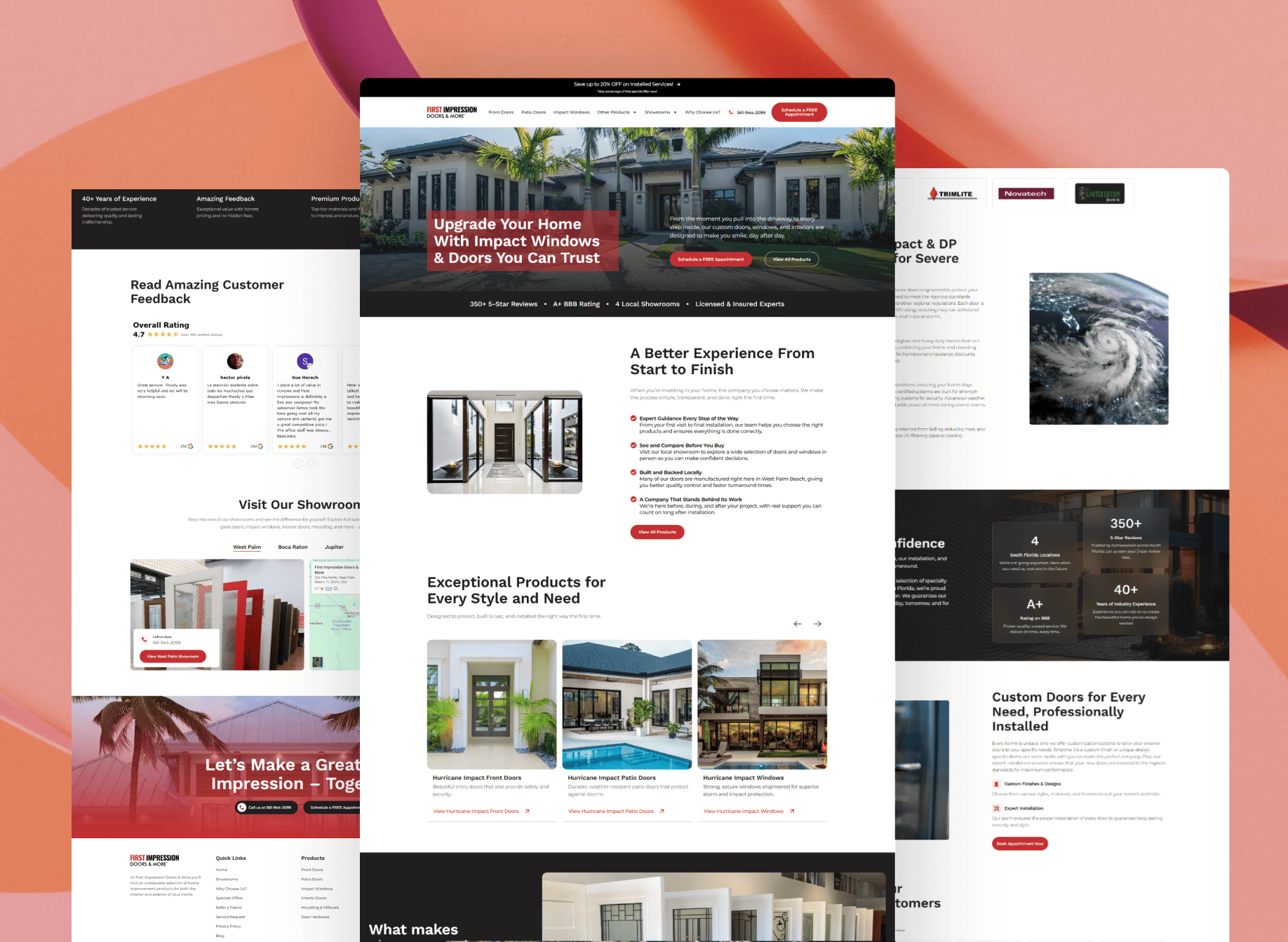 Full-page preview of the Florida Doors website showcasing hurricane impact front entry doors, severe weather ratings, and custom installations.