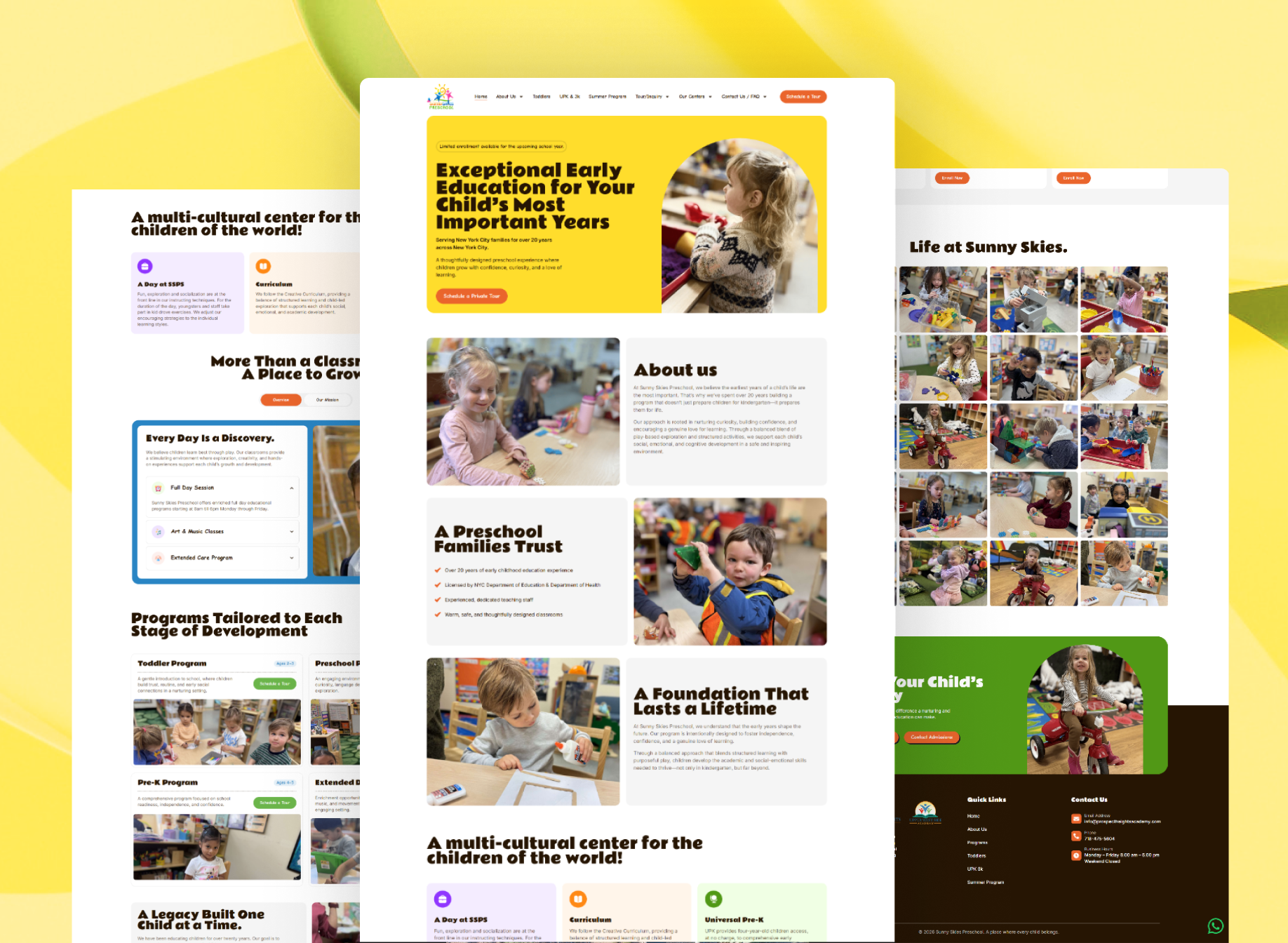 Full-page preview of the Sunny Skies Preschool website showcasing early childhood education, tailored toddler programs, and multicultural learning environments in New York City.