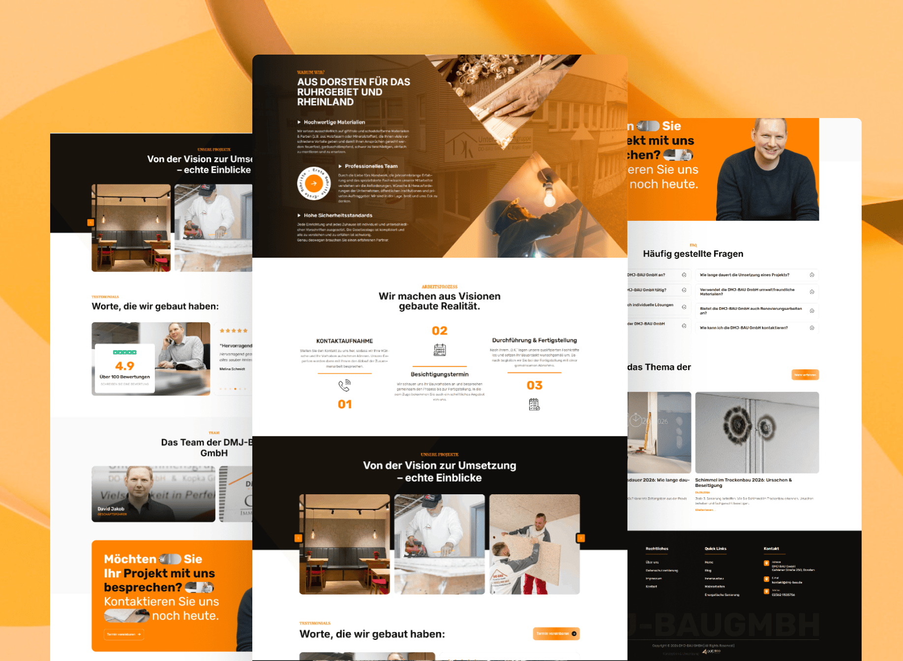 Full-page preview of the DMJ-BAU GmbH website showcasing construction, interior finishing, renovation, and craftsmanship services.