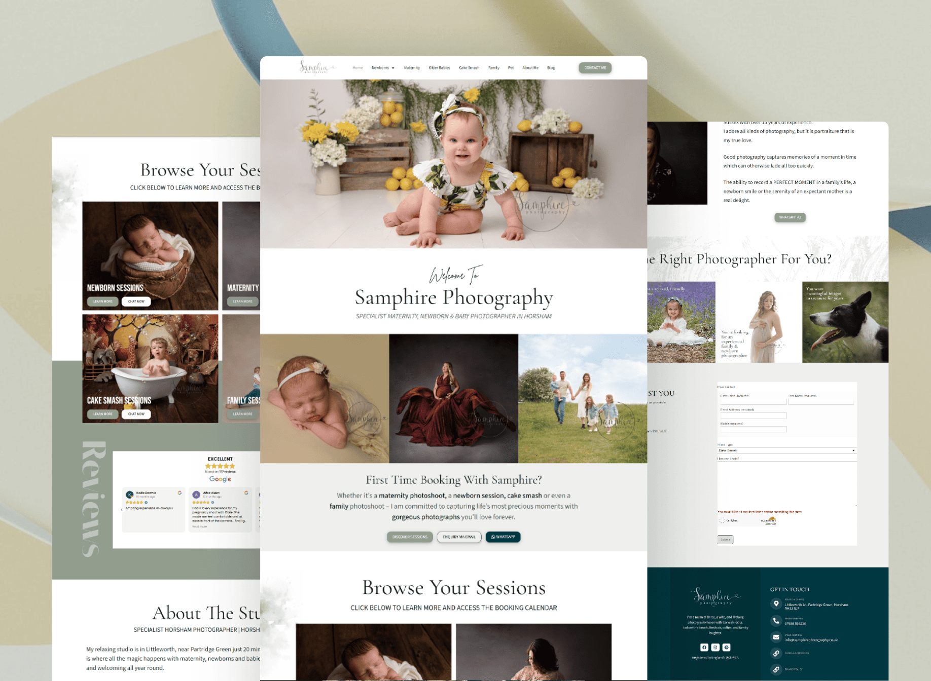 Full-page preview of the Samphire Photography website showcasing newborn, maternity, baby, and family portrait sessions.