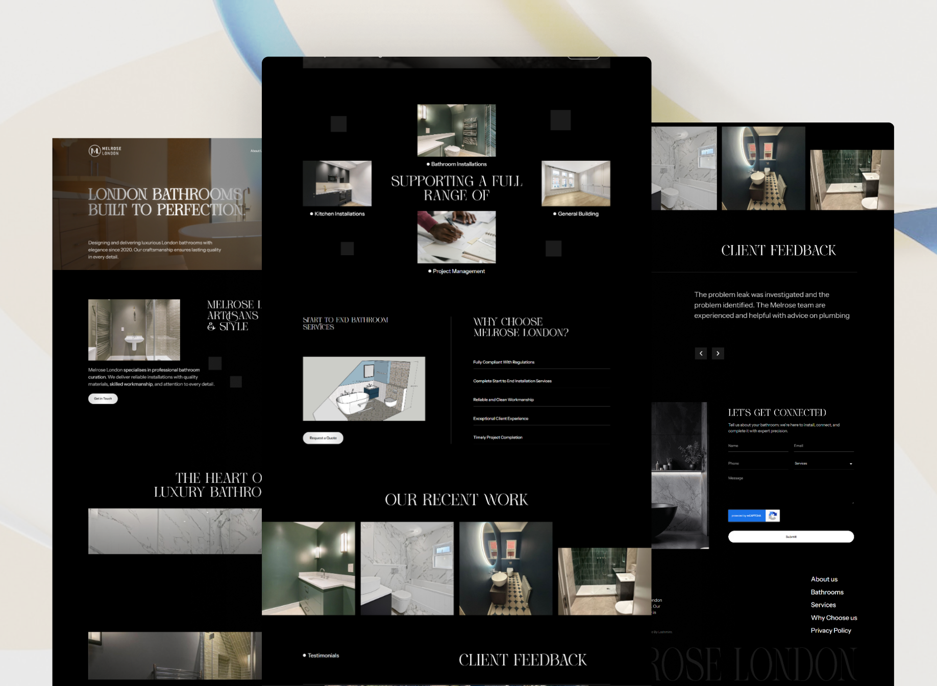 Full-page preview of the Melrose London website showcasing luxury bathroom design, artisan craftsmanship, and high-end interior renovations.