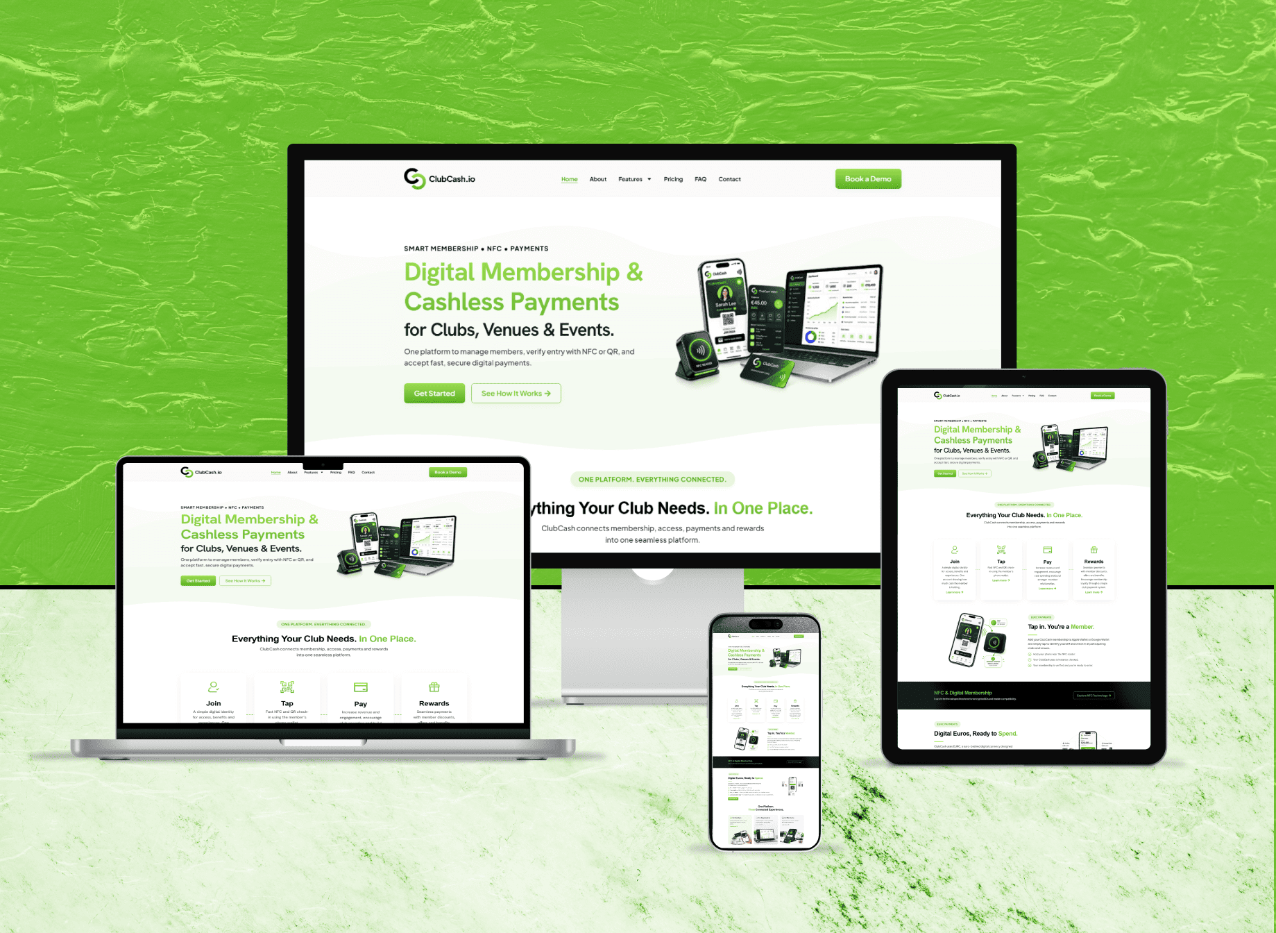Full-page preview of the ClubCash website featuring digital membership, NFC club access, cashless payments, and organization management dashboards.