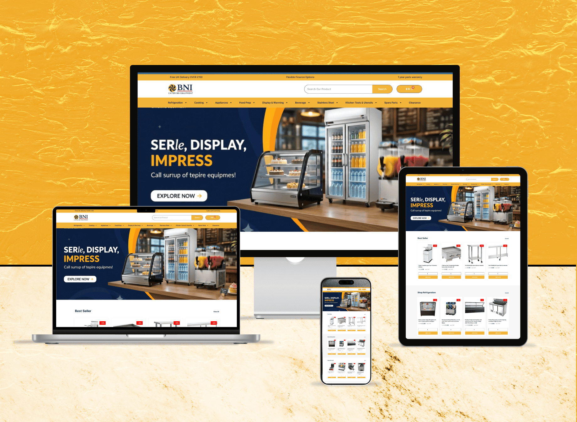 Full-page preview of the BNI Catering e-commerce website showcasing commercial kitchen equipment, shop refrigeration, beverage machines, and stainless steel sinks.
