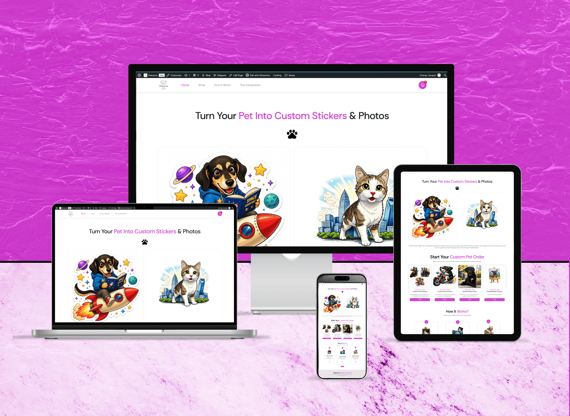 Full-page preview of the Pawsona custom pet artwork and e-commerce website featuring personalized stickers, photo prints, and mini canvases.
