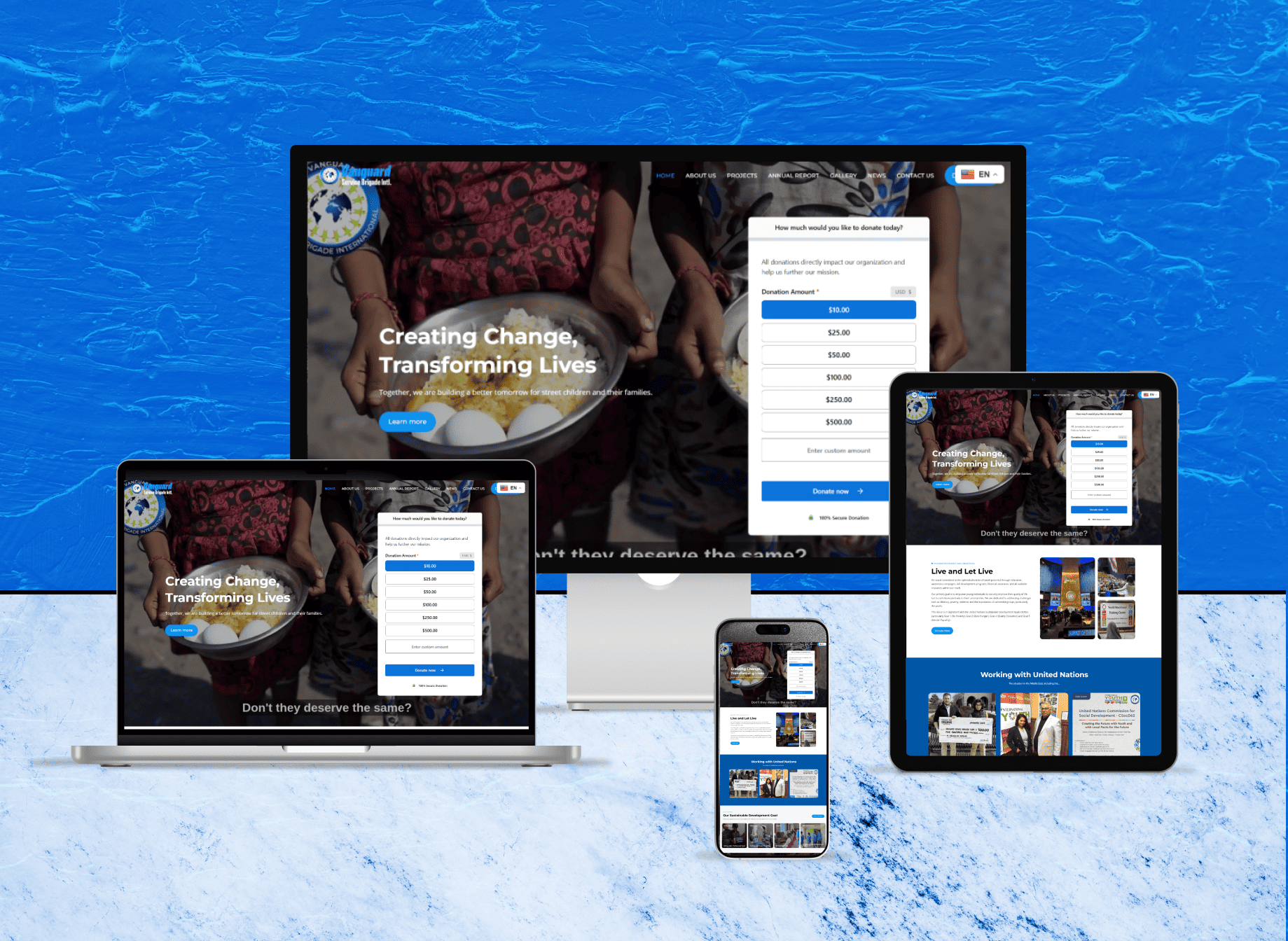 Full-page preview of the Vanguard Brigade organization website focused on creating change, transforming lives, and sustainable development goals.