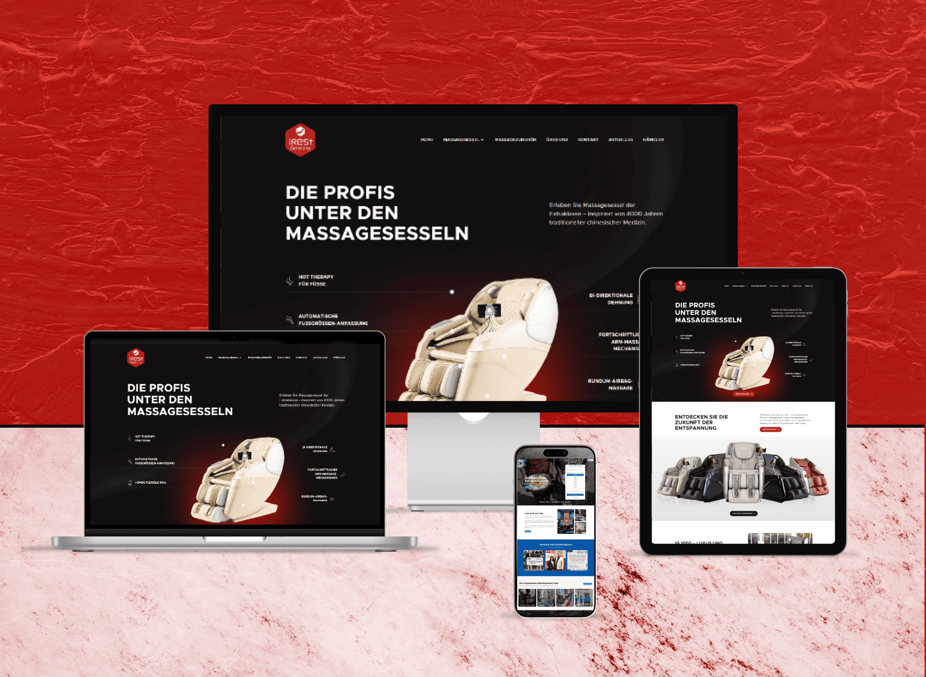 Full-page preview of the iRest Germany website showcasing luxury massage chairs, relaxation technology, and dealer network locations.