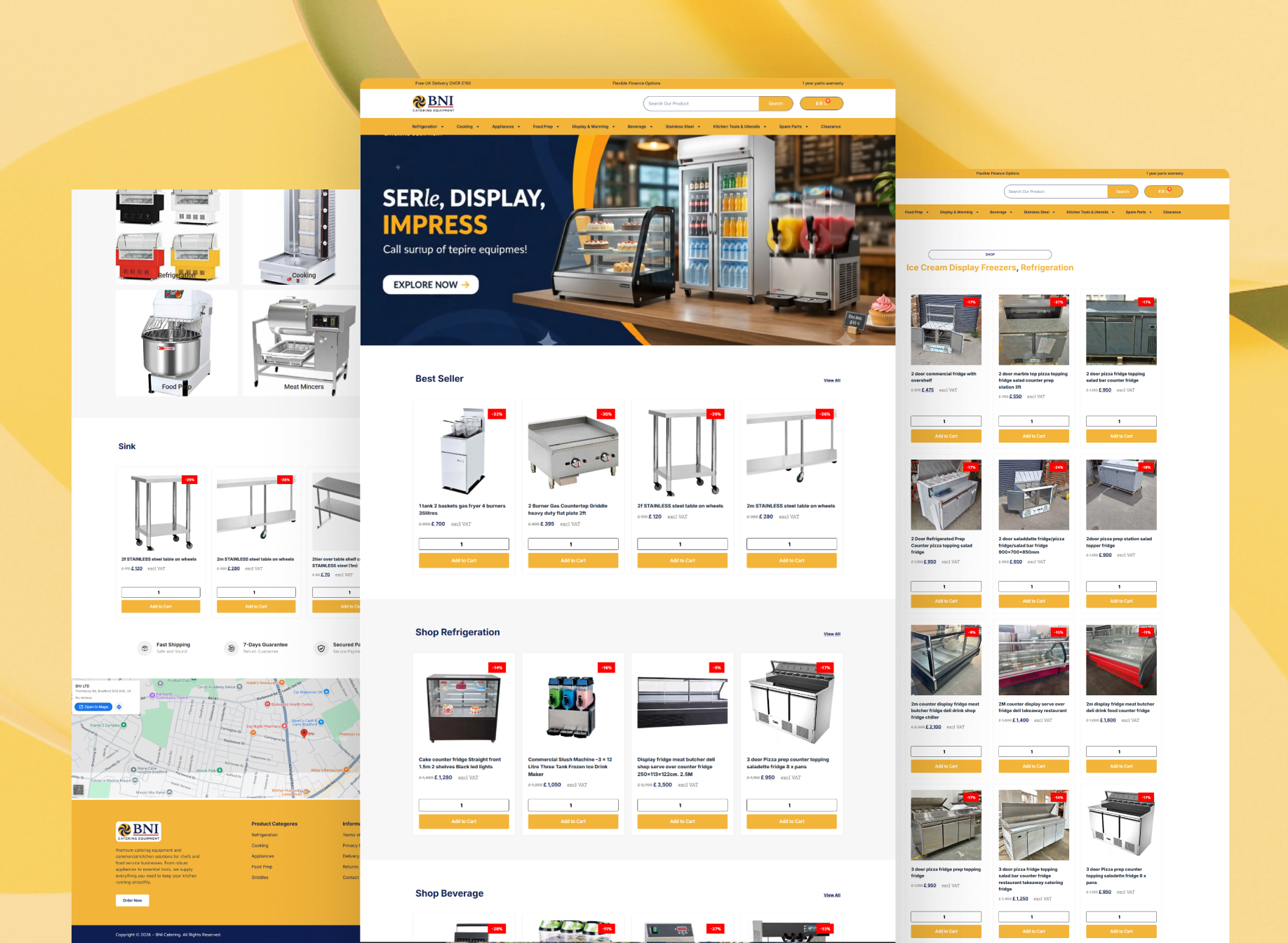 Full-page preview of the BNI Catering e-commerce website showcasing commercial kitchen equipment, shop refrigeration, beverage machines, and stainless steel sinks.