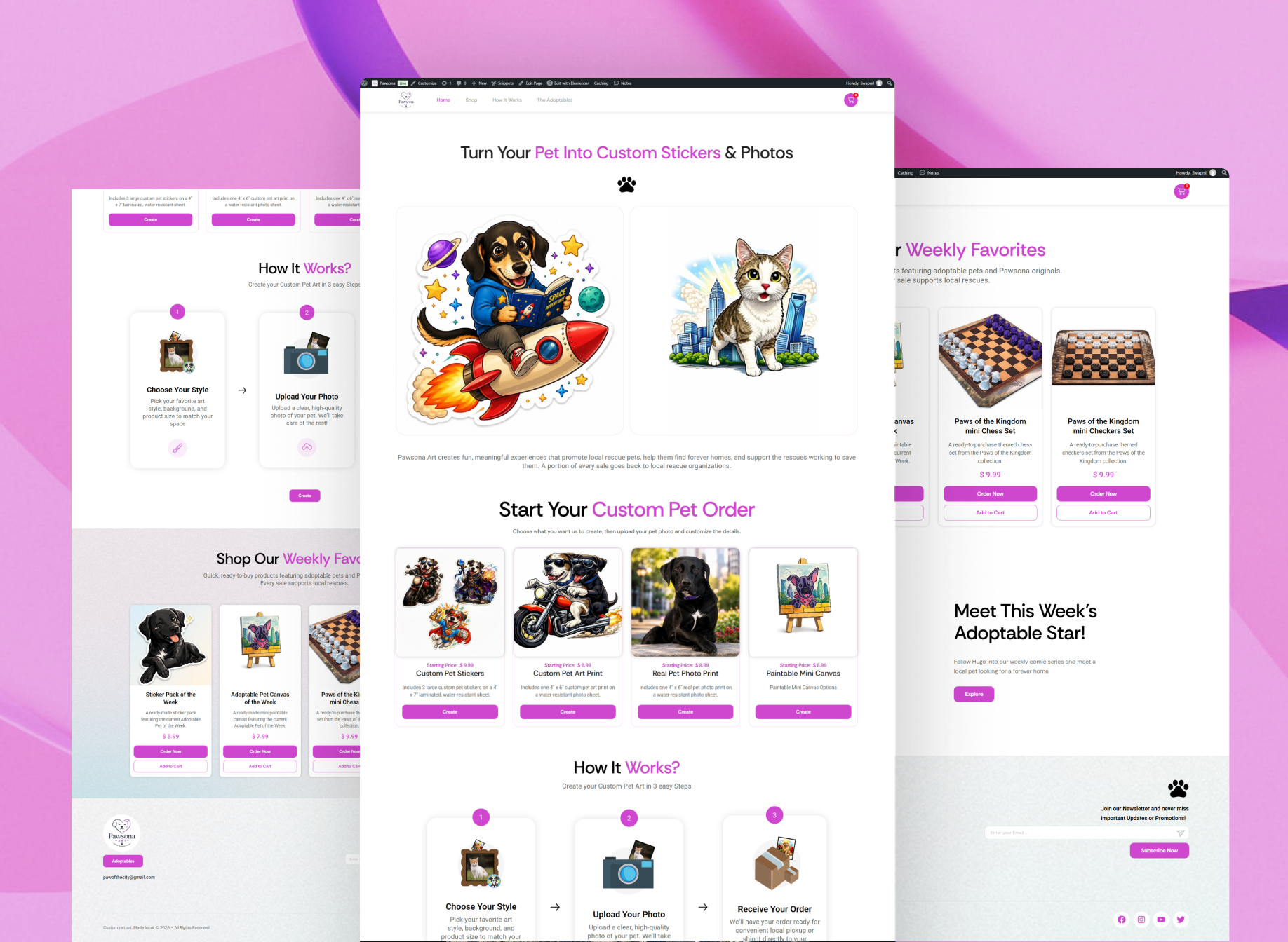 Full-page preview of the Pawsona custom pet artwork and e-commerce website featuring personalized stickers, photo prints, and mini canvases.
