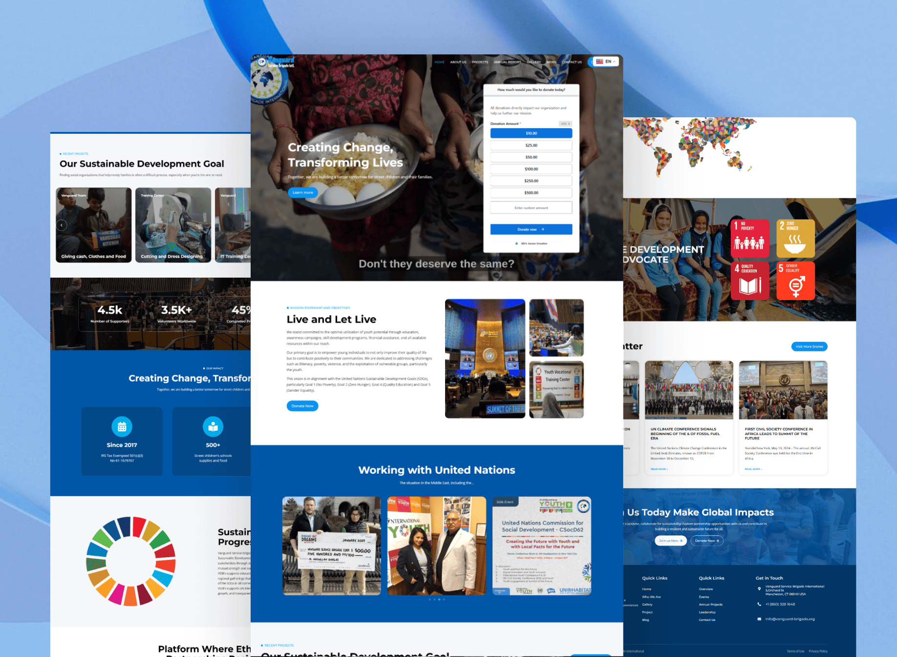 Full-page preview of the Vanguard Brigade organization website focused on creating change, transforming lives, and sustainable development goals.
