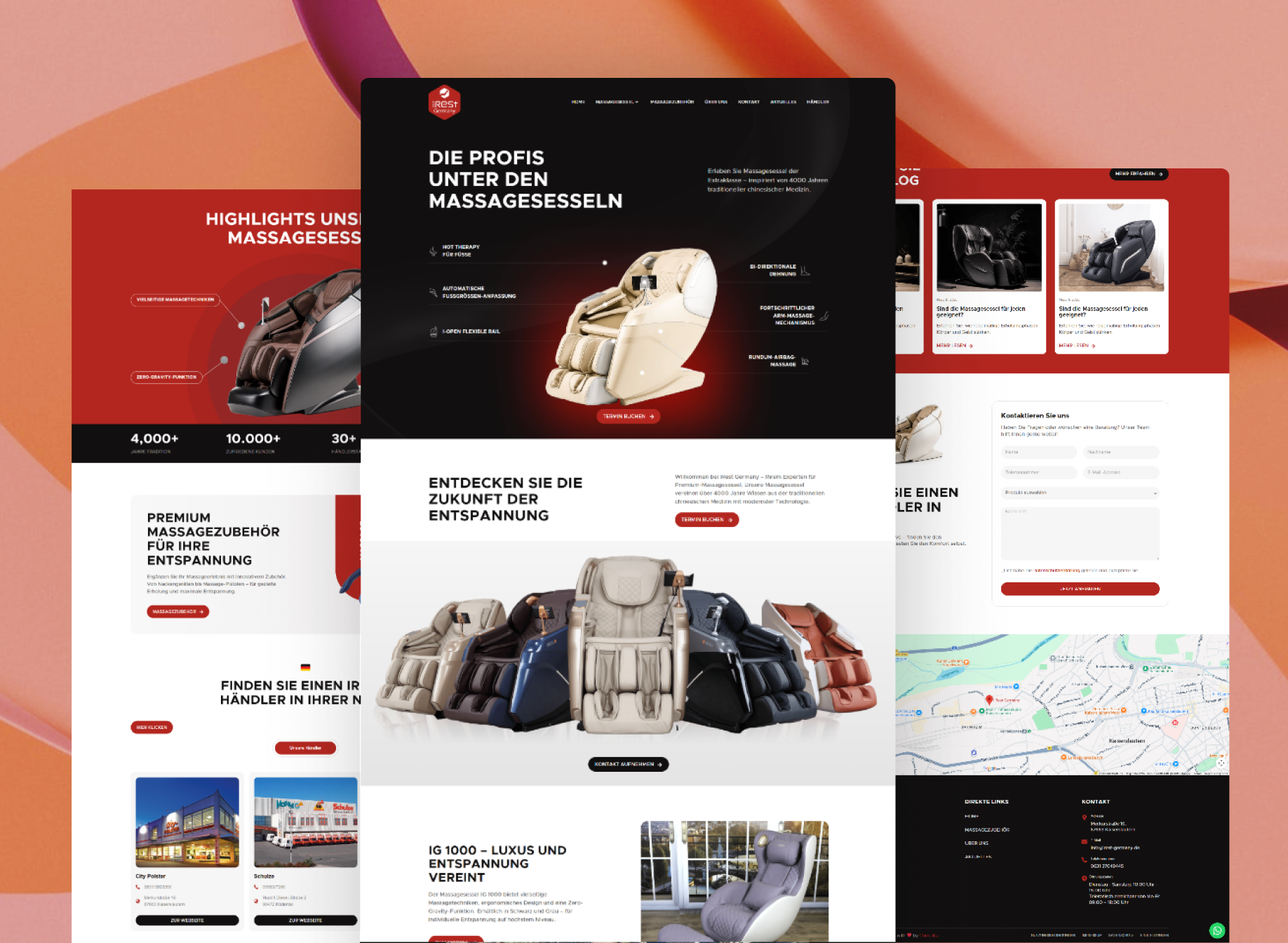 Full-page preview of the iRest Germany website showcasing luxury massage chairs, relaxation technology, and dealer network locations.