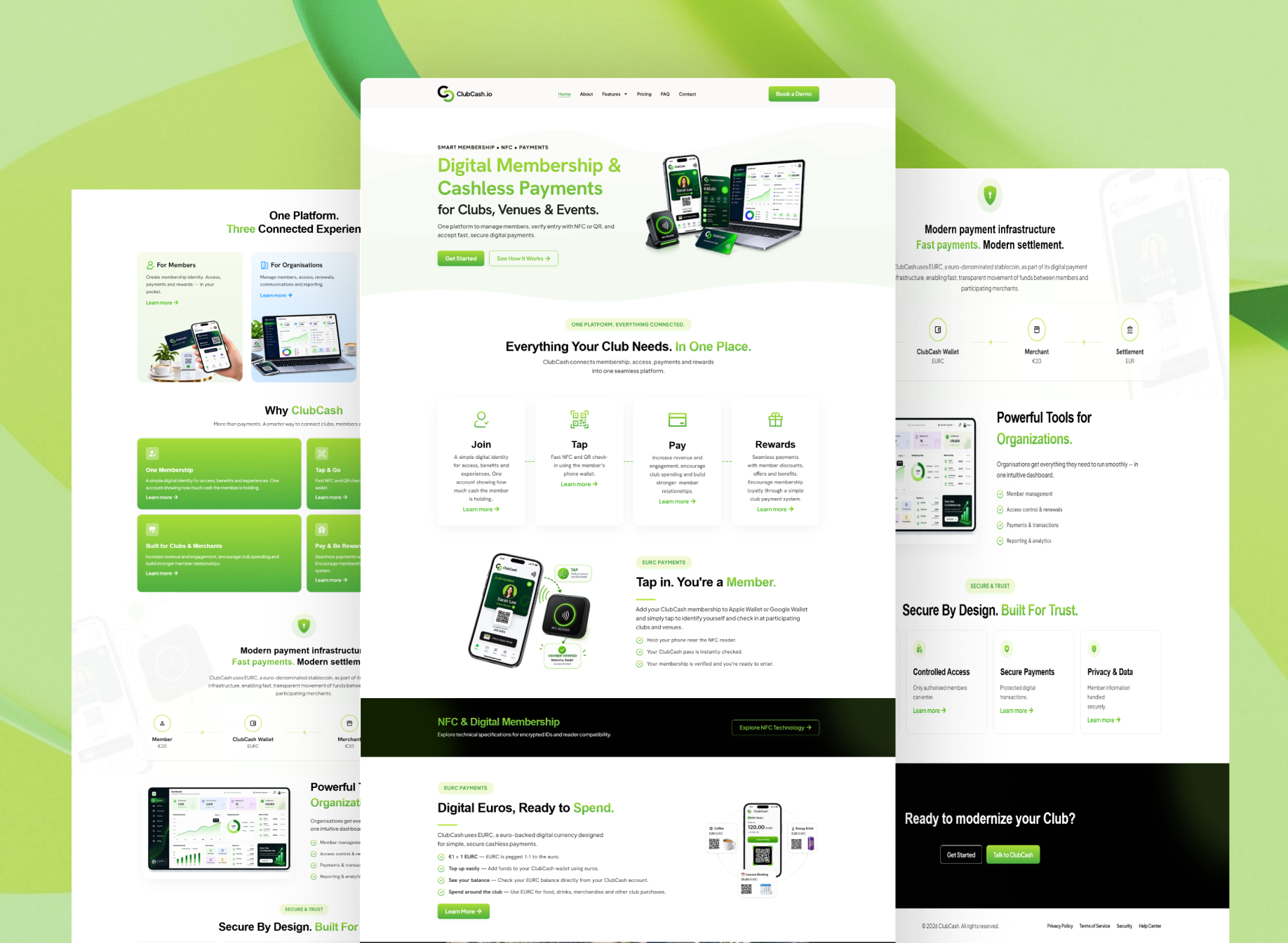 Full-page preview of the ClubCash website featuring digital membership, NFC club access, cashless payments, and organization management dashboards.
